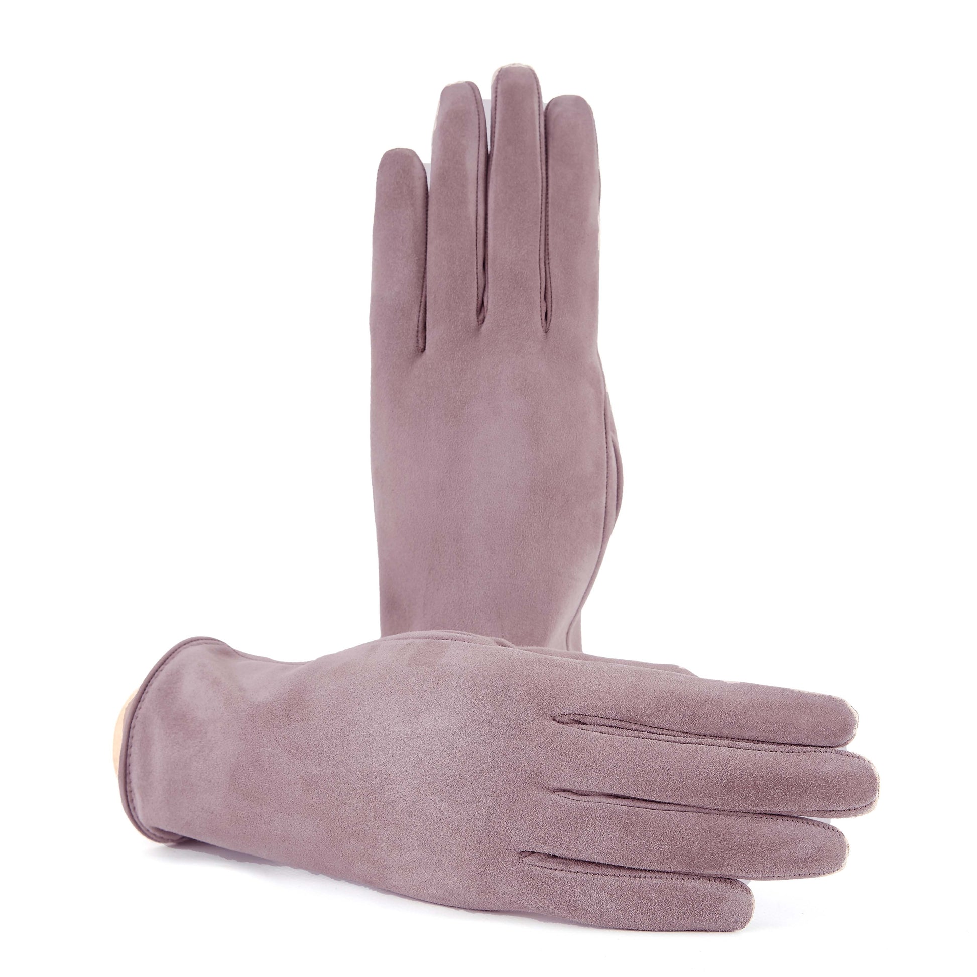 Soft suede leather gloves in a muted mauve shade, featuring a palm opening and luxurious cashmere lining for comfort.