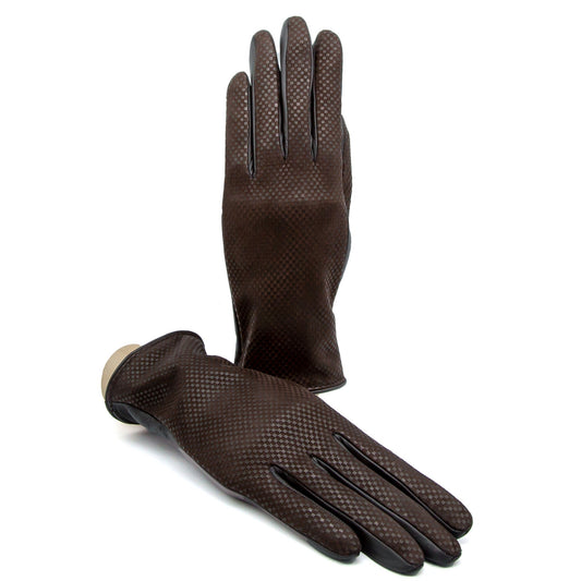 Women's brown printed nappa touchscreen leather gloves and cashmere lining