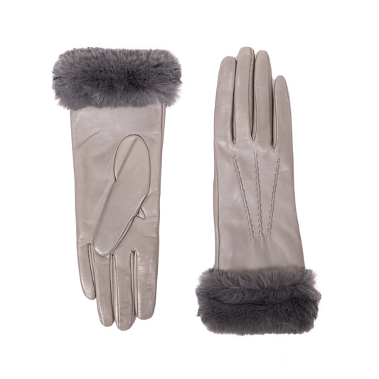 Ladies' grey nappa leather gloves featuring a luxurious faux fur cuff and soft cashmere blend lining for warmth and elegance.