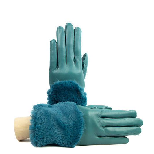 Women's teal nappa leather gloves with a real fur panel on the top and cashmere lined