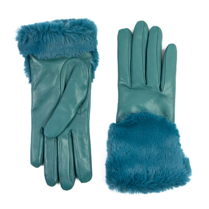 Women's teal nappa leather gloves with a real fur panel on the top and cashmere lined