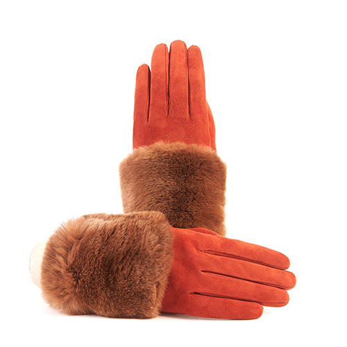  Guanti da donna in suede con  pannello di vera pelliccia sul dorso 