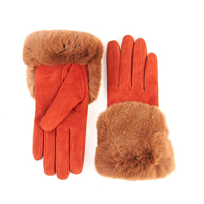  Guanti da donna in suede con  pannello di vera pelliccia sul dorso 