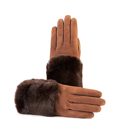  Guanti da donna in suede con  pannello di vera pelliccia sul dorso 
