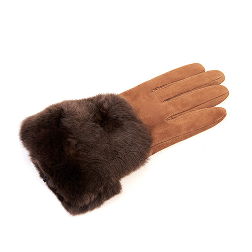  Guanti da donna in suede con  pannello di vera pelliccia sul dorso 