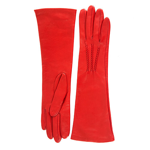 Bright red nappa leather gloves with a sleek design and elegant stitching, showcasing Italian craftsmanship and luxury appeal.
