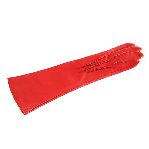 Elegant long red nappa leather gloves featuring delicate stitching, showcasing Italian craftsmanship and luxurious design.