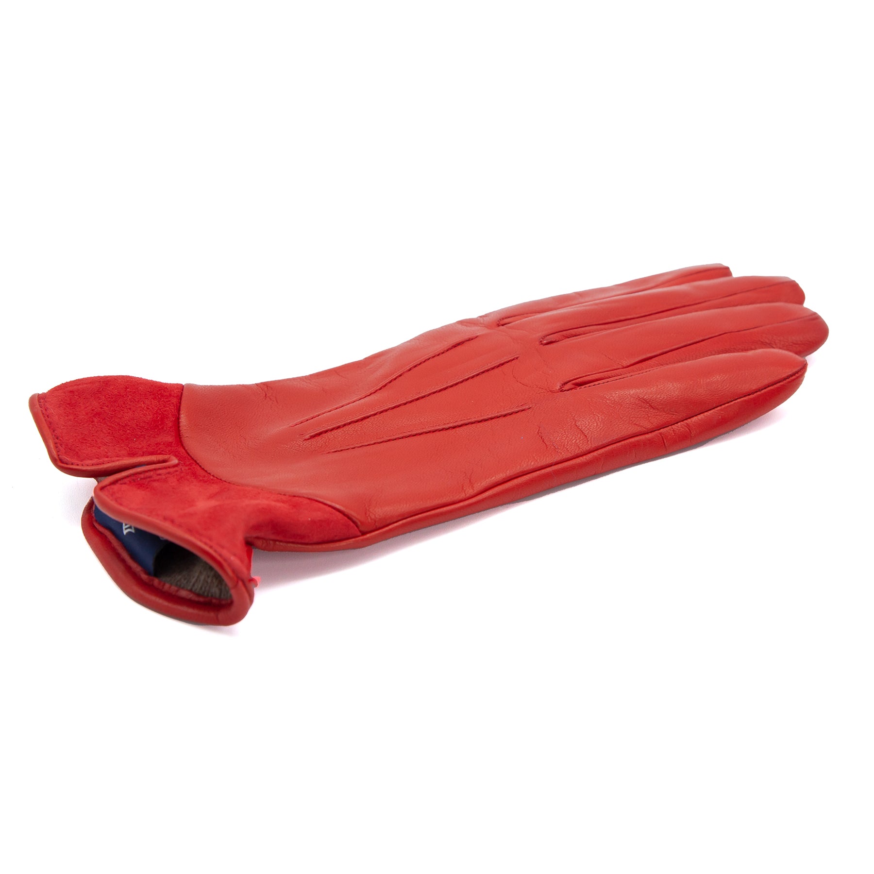 Women's red nappa leather gloves featuring a suede panel insert, elegantly cashmere lined for warmth and style.