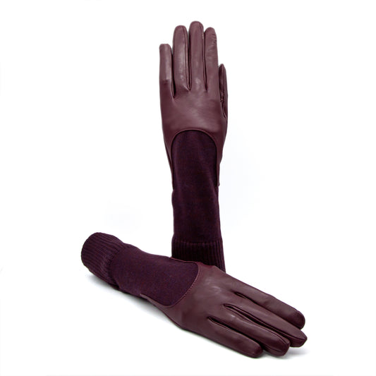 Women's unlined burgundy sheepskin gloves with medium-lenght wool sleeve