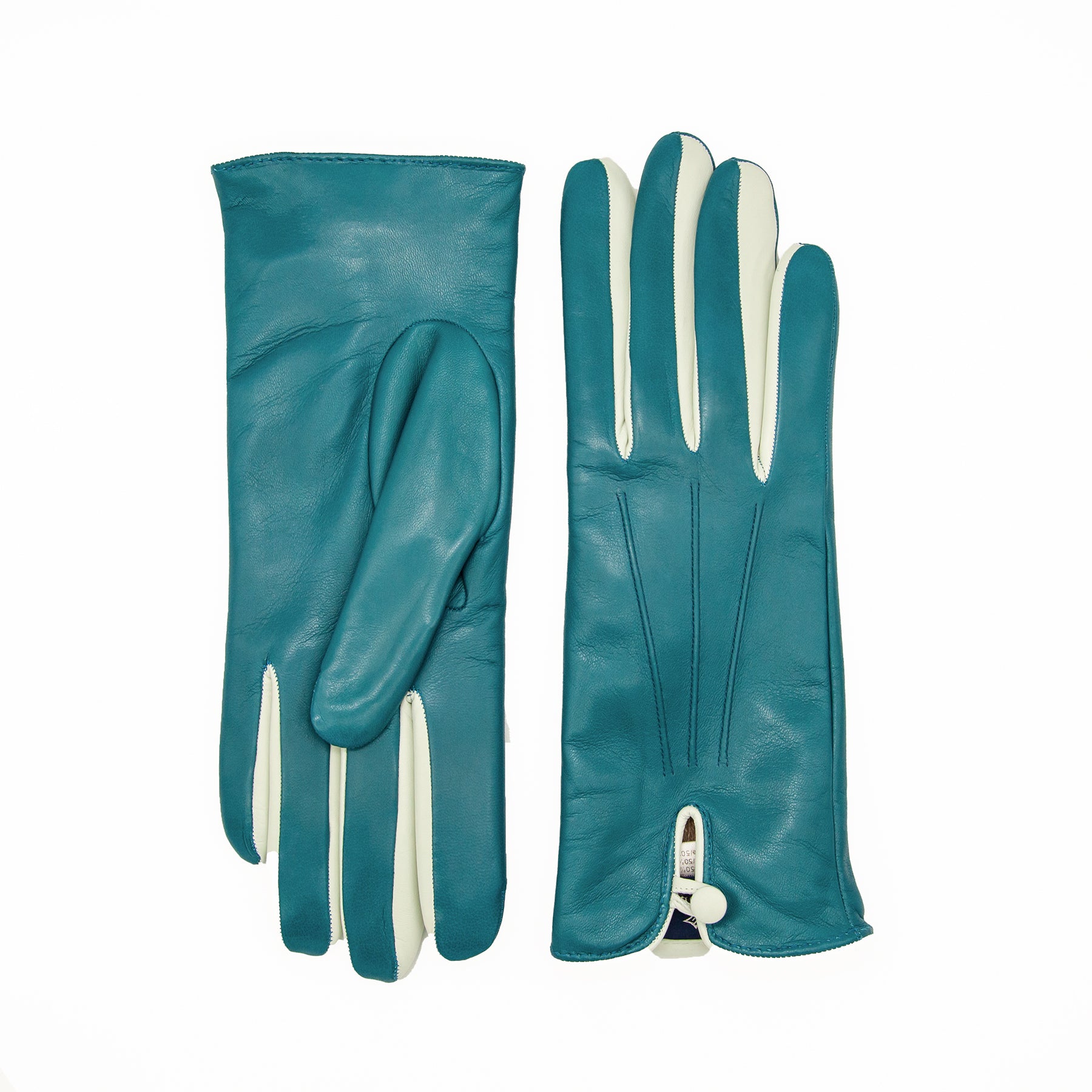 Women's teal nappa leather gloves with cream lining, featuring elegant stitching and a stylish button detail.