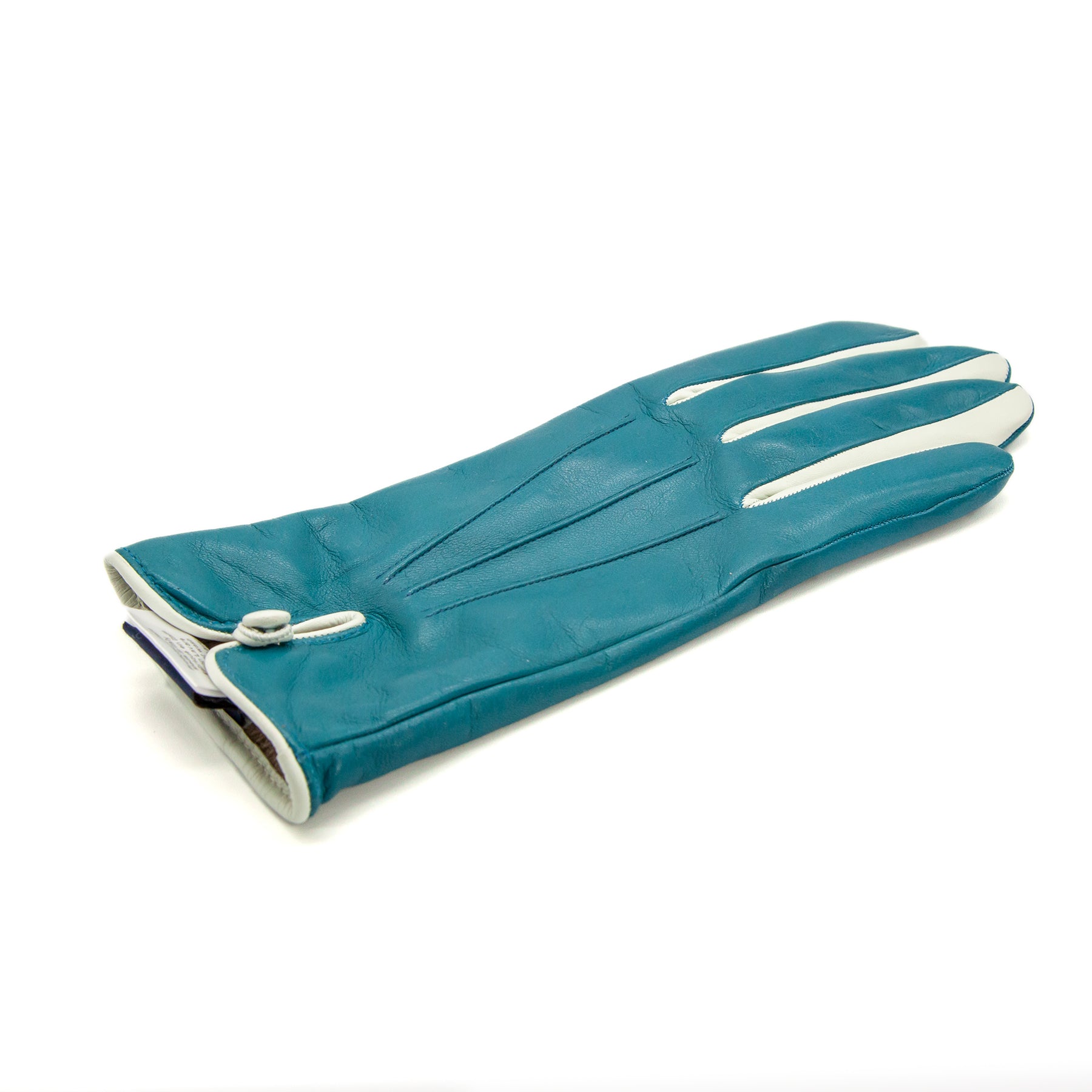 Women's teal nappa leather gloves with white detailing and cashmere lining, showcasing elegant Italian craftsmanship.