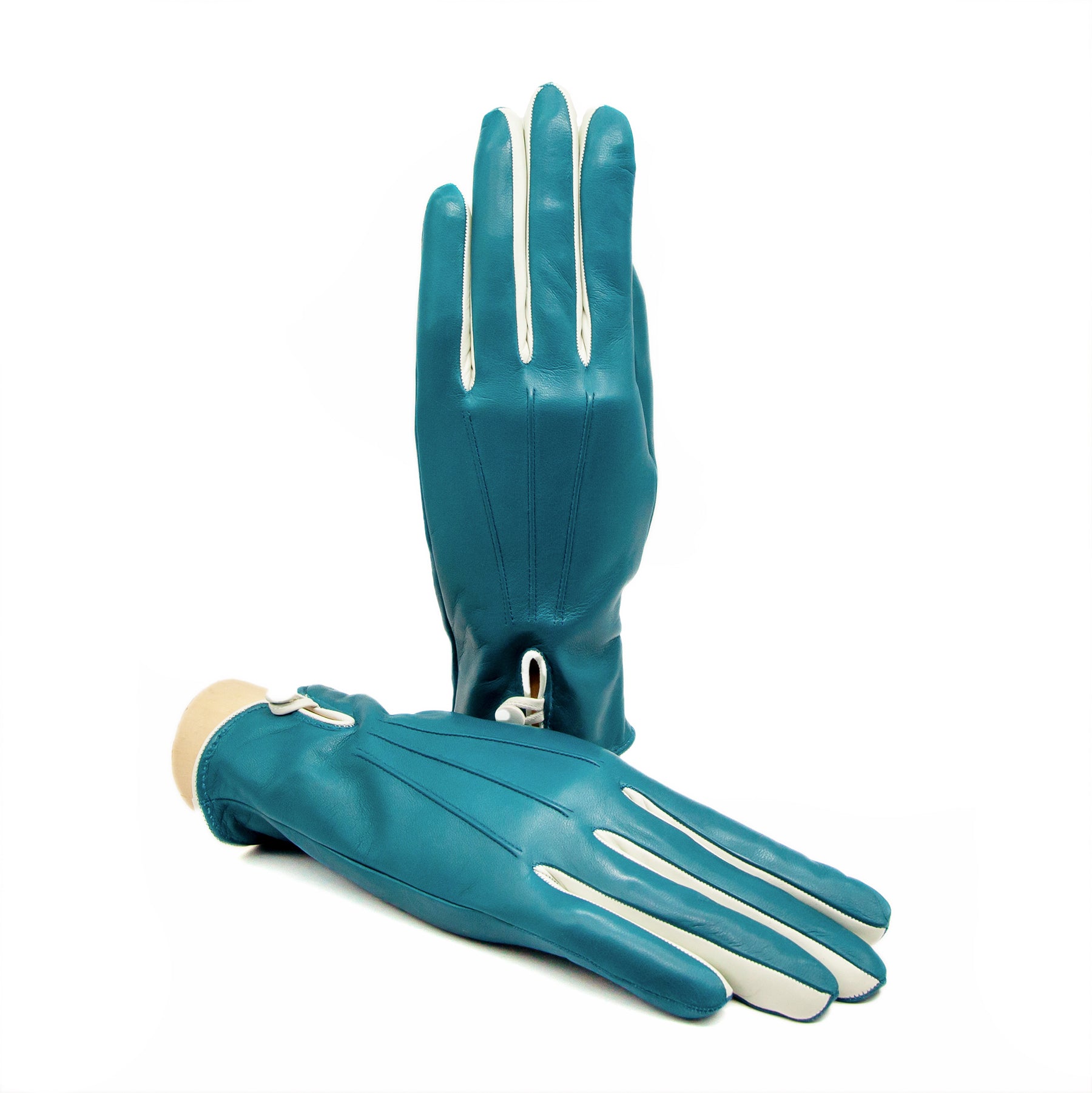 Teal nappa leather gloves with contrasting white accents, featuring elegant stitching and a refined button detail.