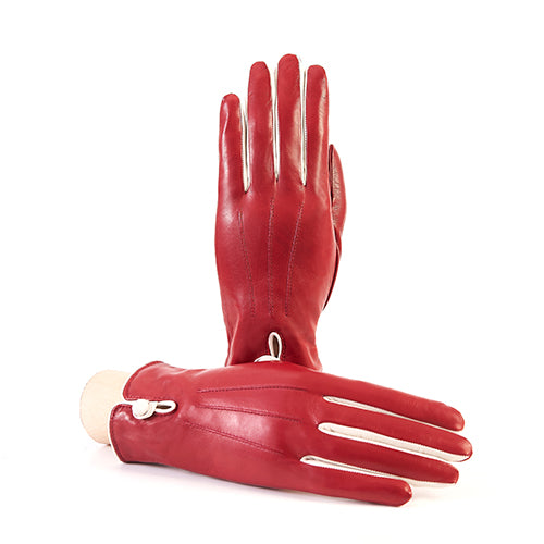 Women's red nappa leather gloves with elegant button detail, showcasing Italian craftsmanship and a sleek, stylish design.