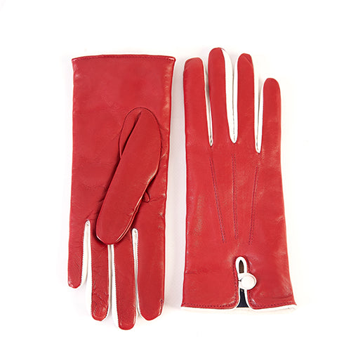 Women's red nappa leather gloves featuring a stylish button detail and elegant design for a luxurious touch.