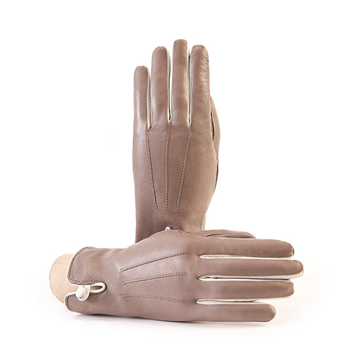Women's taupe nappa leather gloves with button and cashmere lining