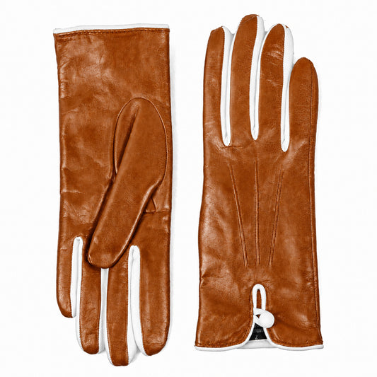Women's bicolor nappa leather gloves with silk lining - Camel/White 2