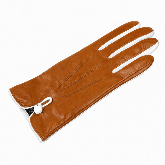 Women's bicolor nappa leather gloves with silk lining - Camel/White 3