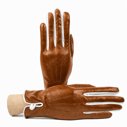 Women's bicolor nappa leather gloves with silk lining - Camel/White 1