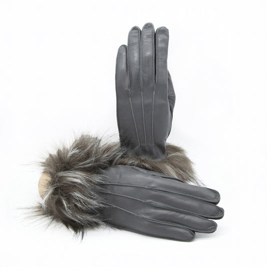 Gray leather gloves featuring a luxurious faux fur cuff, showcasing elegant Italian design and craftsmanship.