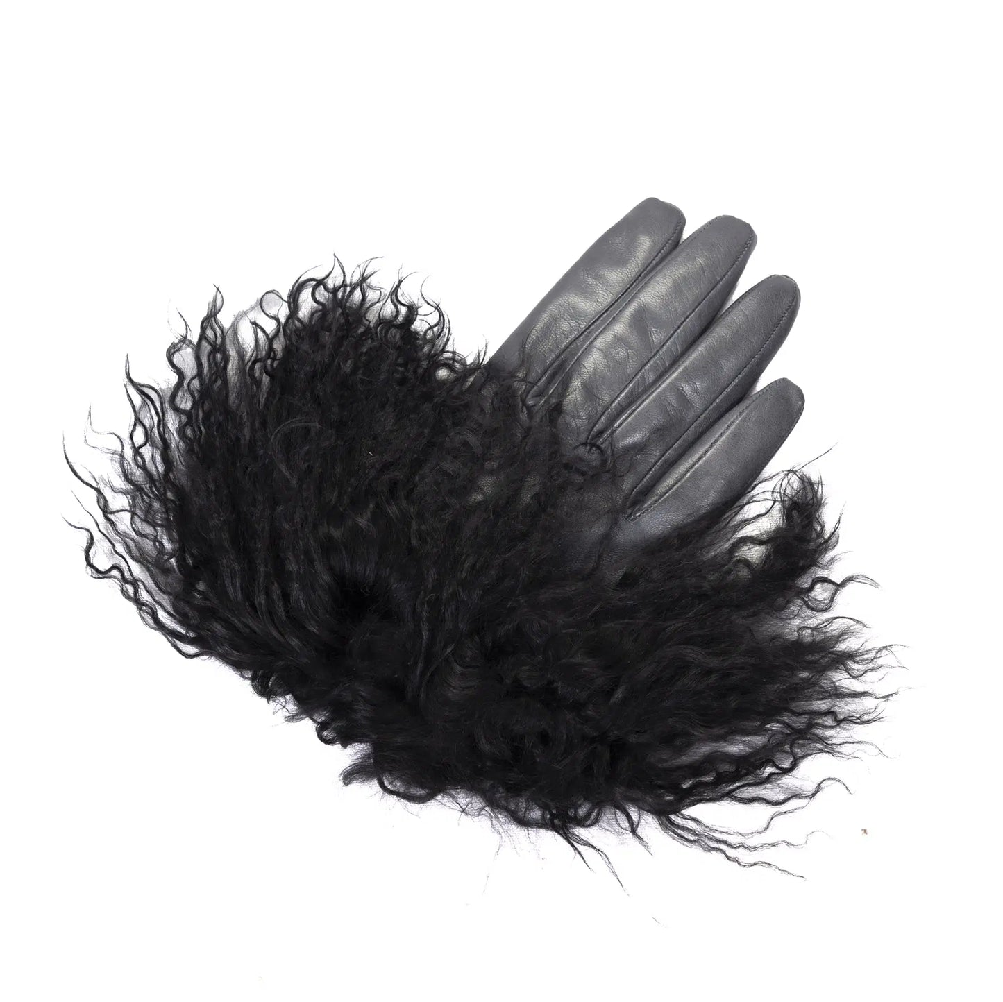Womens gloves in soft black nappa leather, accented with luxurious pluffy Mongolian fur for added elegance and warmth.