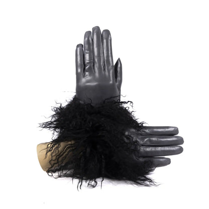 Womens black nappa leather gloves adorned with soft, pluffy Mongolian fur for a luxurious and elegant touch.