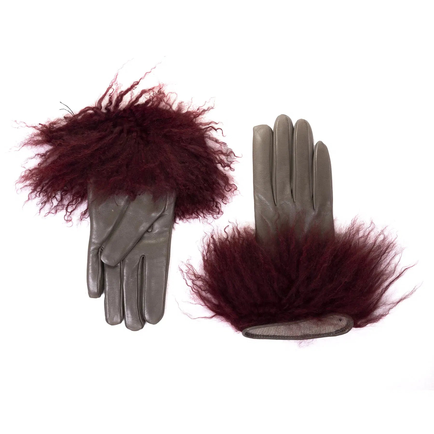 Womens soft nappa leather gloves featuring plush burgundy Mongolian fur cuffs, showcasing elegant Italian design and craftsmanship.