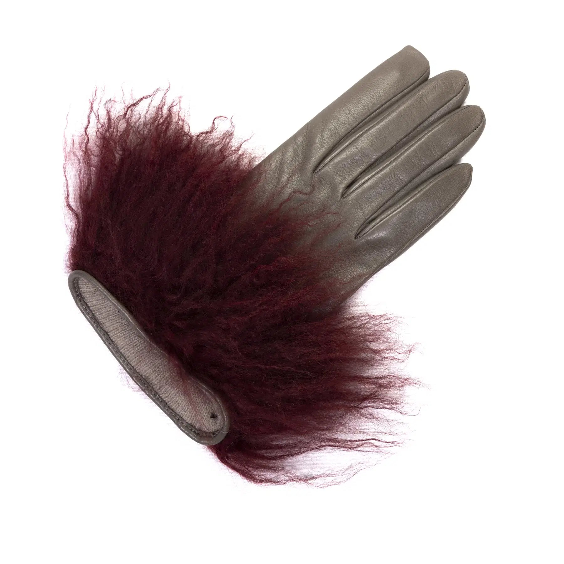 Womens soft nappa leather gloves featuring luxurious pluffy Mongolian fur in deep burgundy, showcasing Italian craftsmanship.