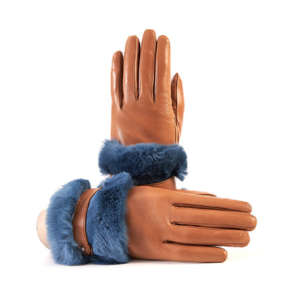 Damen Nappa-Leder Handschuhe mit groß Echtpelz Manschette und Riemen, – Gala Gloves