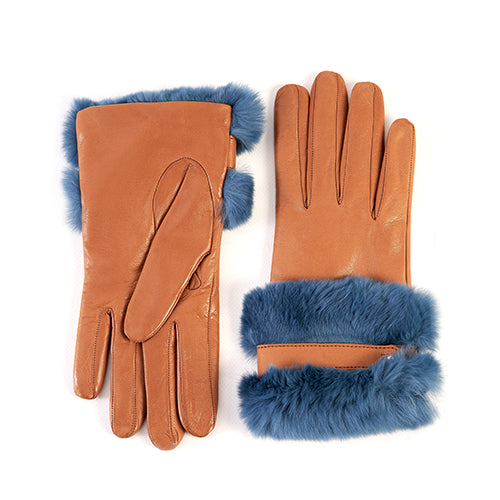 Ladies' nappa leather gloves with large natural fur cuff and strap, cashmere lining