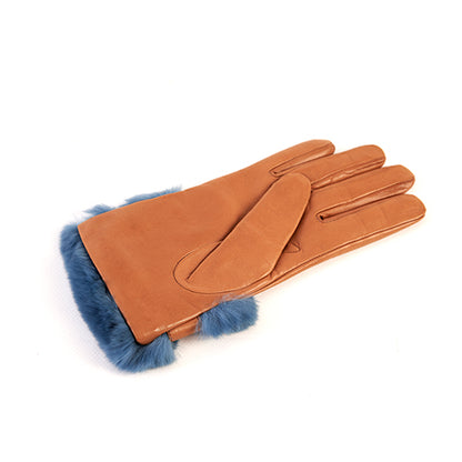 Ladies' nappa leather gloves with large natural fur cuff and strap, cashmere lining