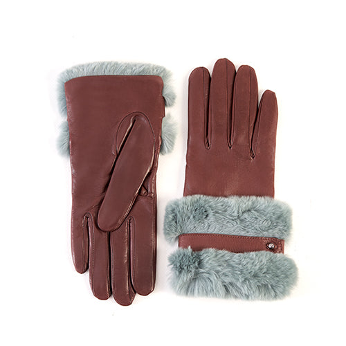 Ladies' nappa leather gloves with large natural fur cuff and strap, cashmere lining