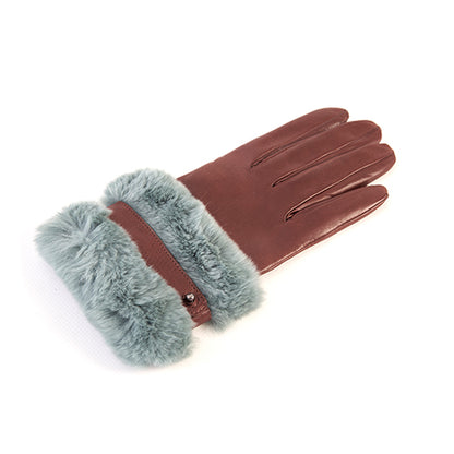 Ladies' brown nappa leather gloves featuring a large light blue fur cuff and strap, lined with soft cashmere for warmth.
