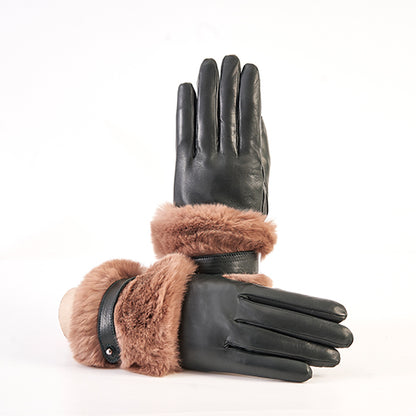 Ladies' nappa leather gloves with large natural fur cuff and strap, cashmere lining