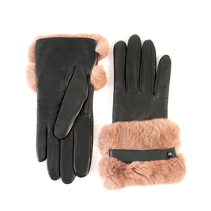 Ladies' nappa leather gloves with large natural fur cuff and strap, cashmere lining