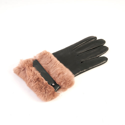 Ladies' nappa leather gloves with large natural fur cuff and strap, cashmere lining