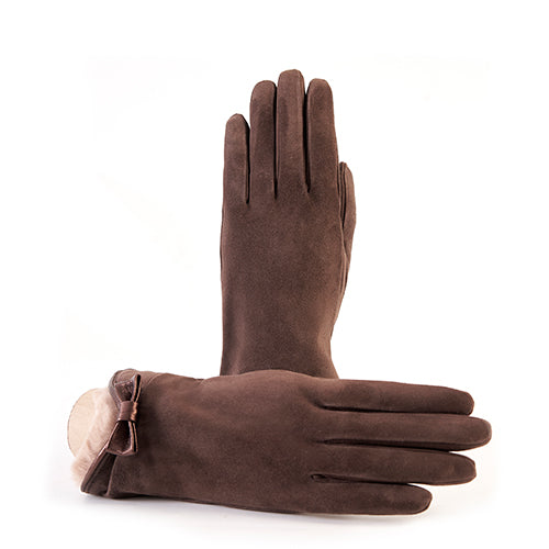 Ladies' suede gloves with natural rabbit fur cuff , bow details