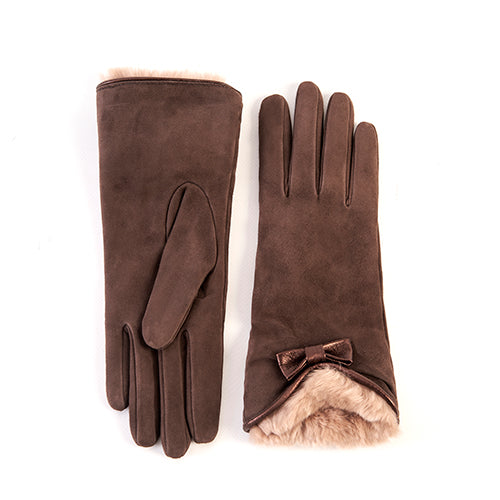Ladies' suede gloves with natural rabbit fur cuff , bow details