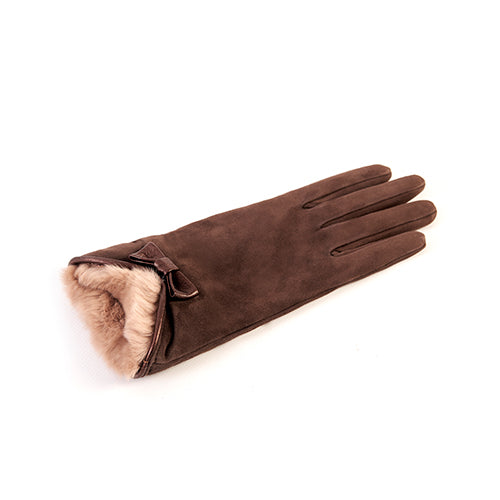 Ladies' suede gloves with natural rabbit fur cuff , bow details