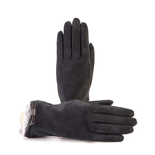 Ladies' suede gloves with natural rabbit fur cuff , bow details