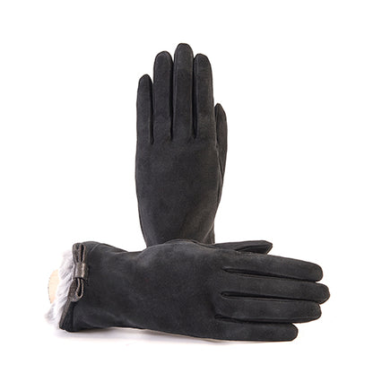 Ladies' suede gloves with natural rabbit fur cuff , bow details