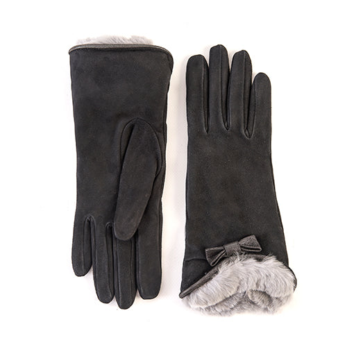 Ladies' suede gloves with natural rabbit fur cuff , bow details