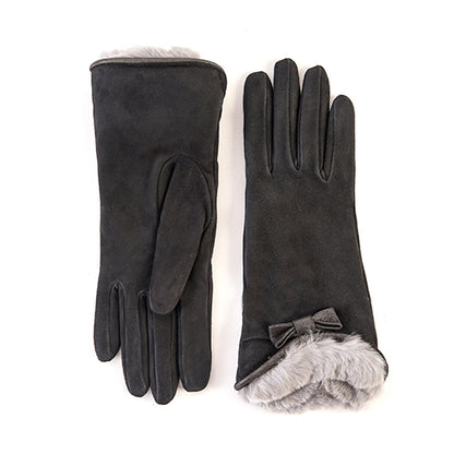Ladies' suede gloves with natural rabbit fur cuff , bow details