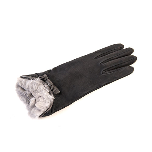 Ladies' suede gloves with natural rabbit fur cuff , bow details
