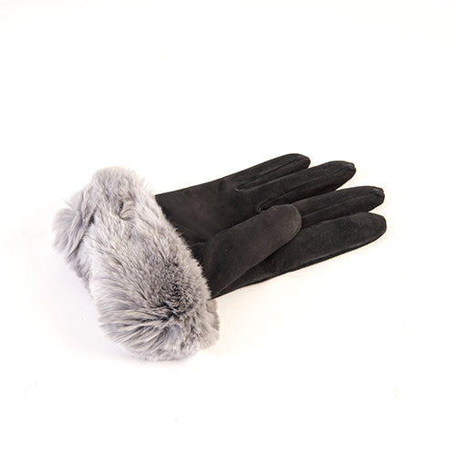Ladies' suede gloves with natural rabbit fur cuff , bow details