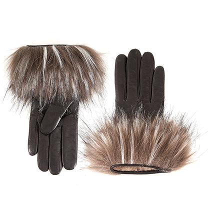 Ladies short nappa gloves with eco fur, cashmere lining
