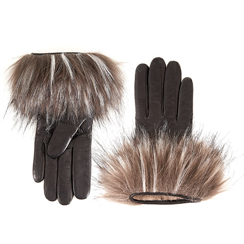 Ladies short nappa gloves with eco fur, cashmere lining
