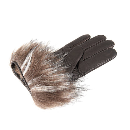 Ladies short nappa gloves with eco fur, cashmere lining