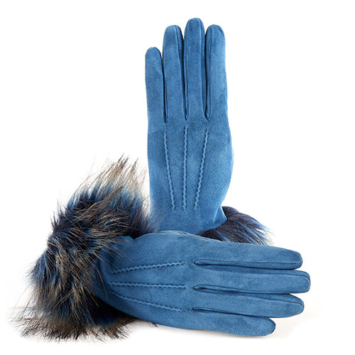 Ladies' touchscreen leather and suede combination gloves with faux fur cuff