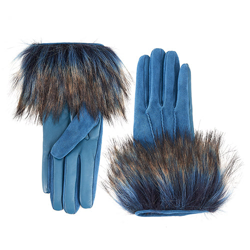 Ladies' touchscreen leather and suede combination gloves with faux fur cuff