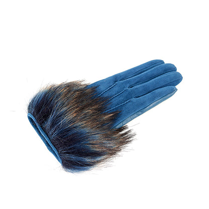 Ladies' touchscreen leather and suede combination gloves with faux fur cuff